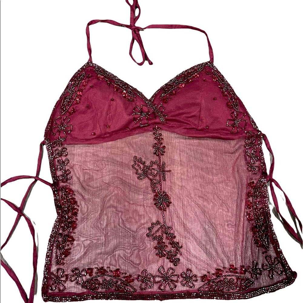 Backless beaded sheet halter top